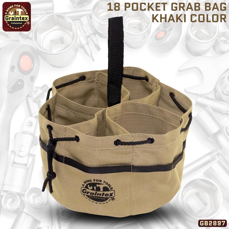 Graintex 18 Pockets Grab Bag Rip-stop Canvas Drawstring Closure, Small Part Organizer Pouch, Small Tools, Screws, Parts, Parachute Tool Bag for Efficient Storage - Khaki - Image 2